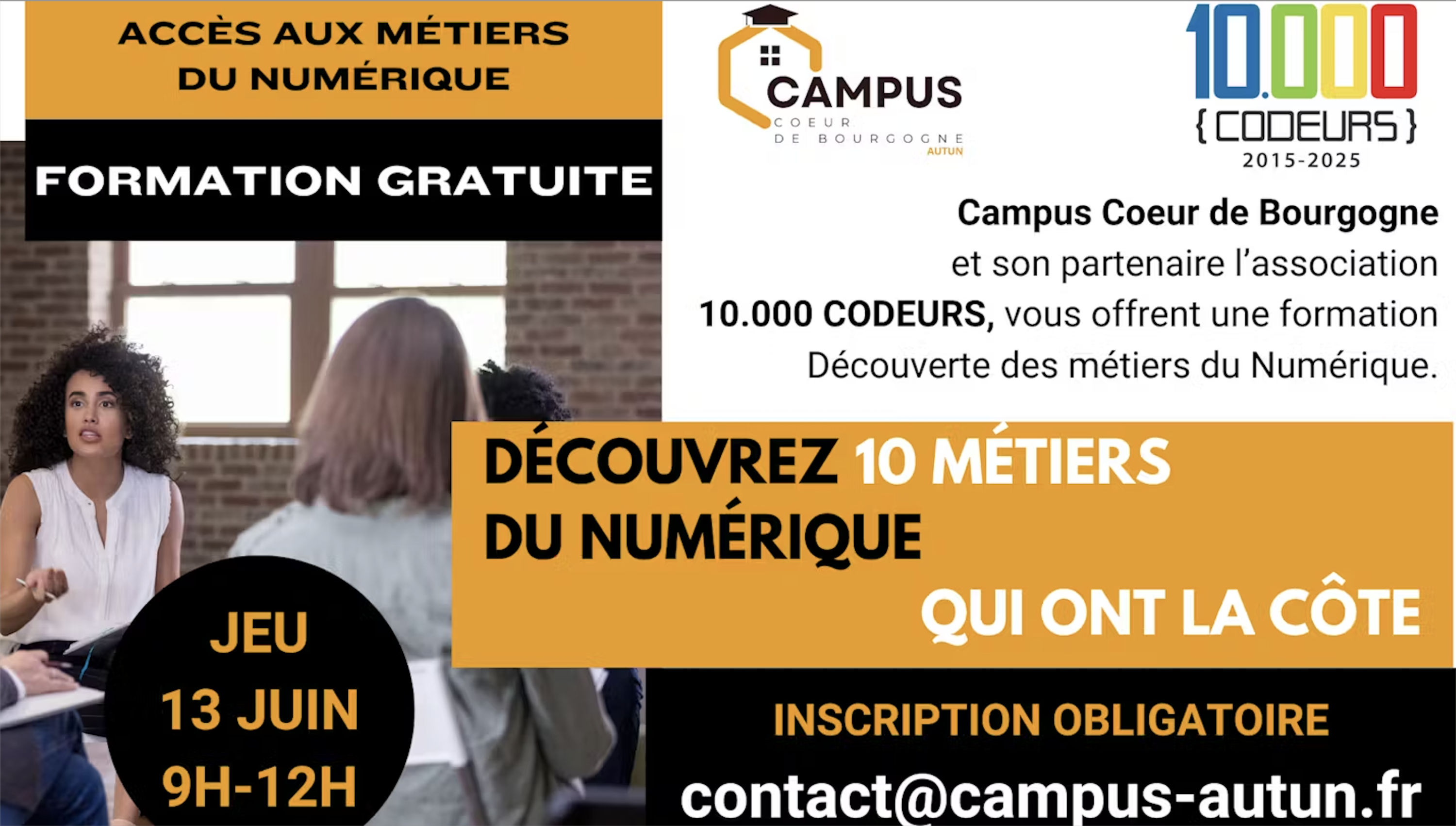 Affiche « Découvrez 10 métiers du numérique qui ont la cote » : formation gratuite du Campus Cœur de Bourgogne et de 10.000 Codeurs, jeudi 13 juin, de 9 h à 12 h