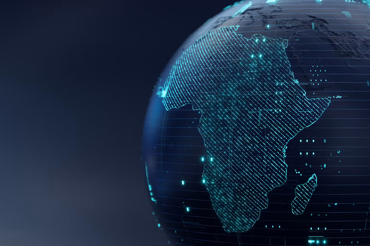 Globe terrestre numérique, centré sur l’Afrique, parcouru de points lumineux