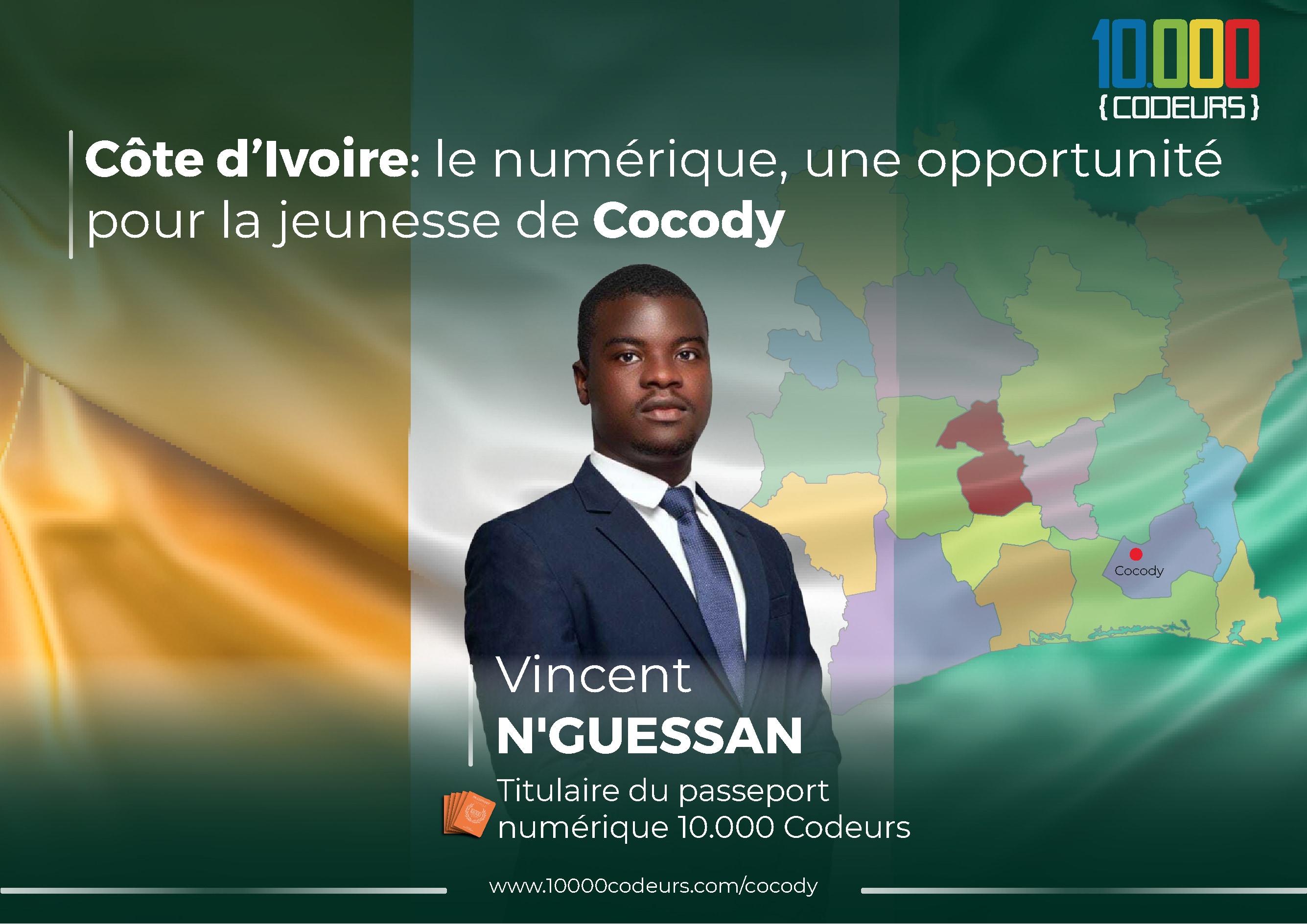 Visuel « Côte d’Ivoire : le numérique, une opportunité pour la jeunesse de Cocody », avec Vincent N’Guessan, titulaire du Passeport numérique 10.000 Codeurs